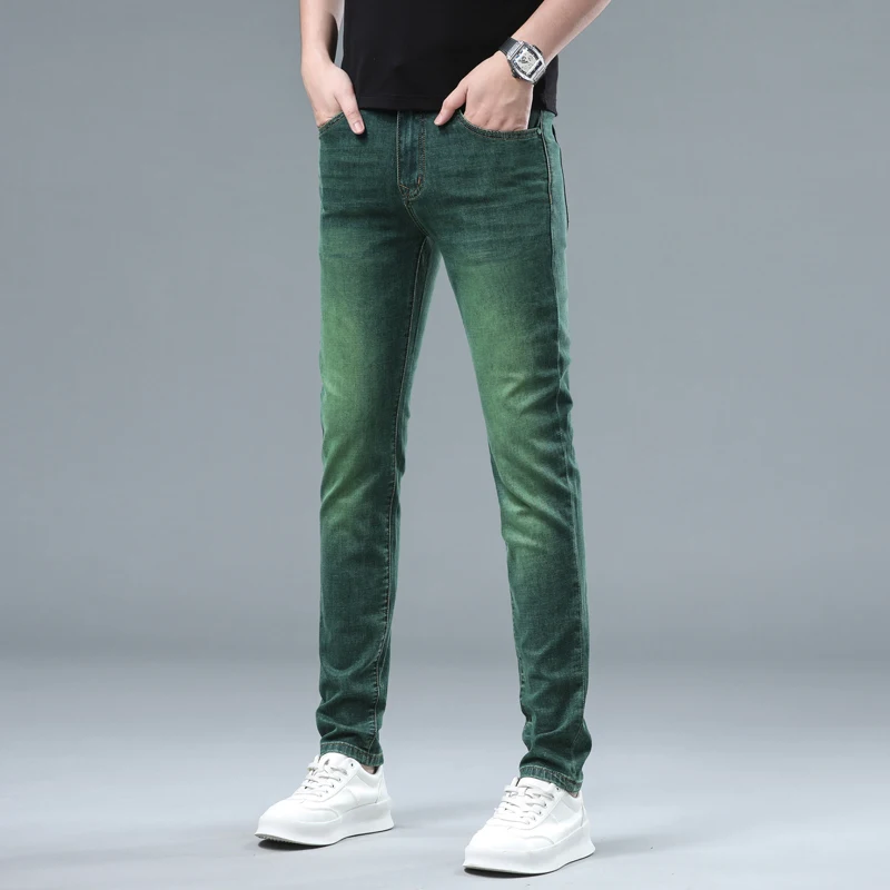 Affordable luxury fashion jeans men's stretch casual business all-match slim fit feet high-end green washed trousers