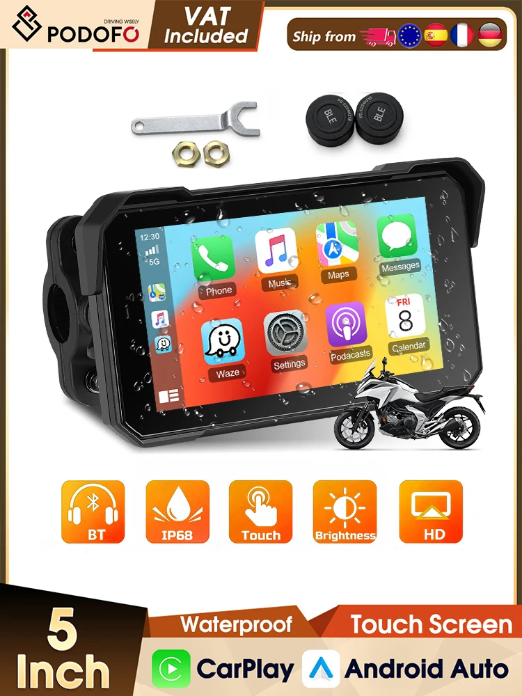 Podofo 5-Zoll-Motorrad-Display, tragbarer Smart-Player, kabelloses Carplay, Android Auto, hochauflösender Großbildschirm, Bluetooth, Helligkeits- und Winkelverstellung, IP68 wasserdicht, unterstützt