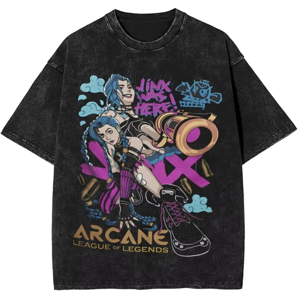 2025 Hot Anime Arcane Jinx T Shirt Washed Cotton T-Shirt Men Women Tops Oversized Streetwear Summer Tops Tees Clothing Fans Gift