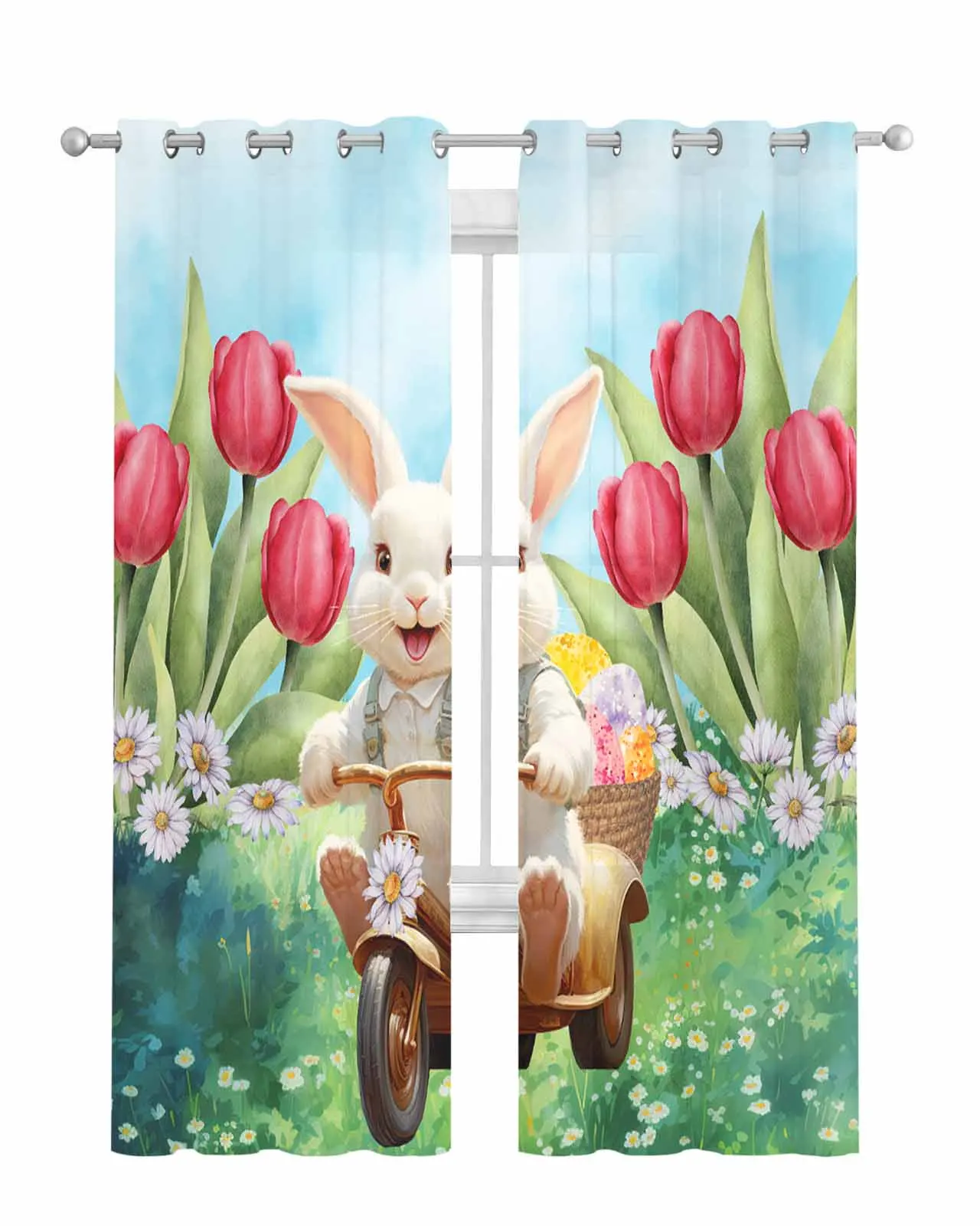 Easter Bunny Tulips Daisies Sheer Tulle Curtain Children Bedroom Curtains Living Room Window Treatment Voile Drape