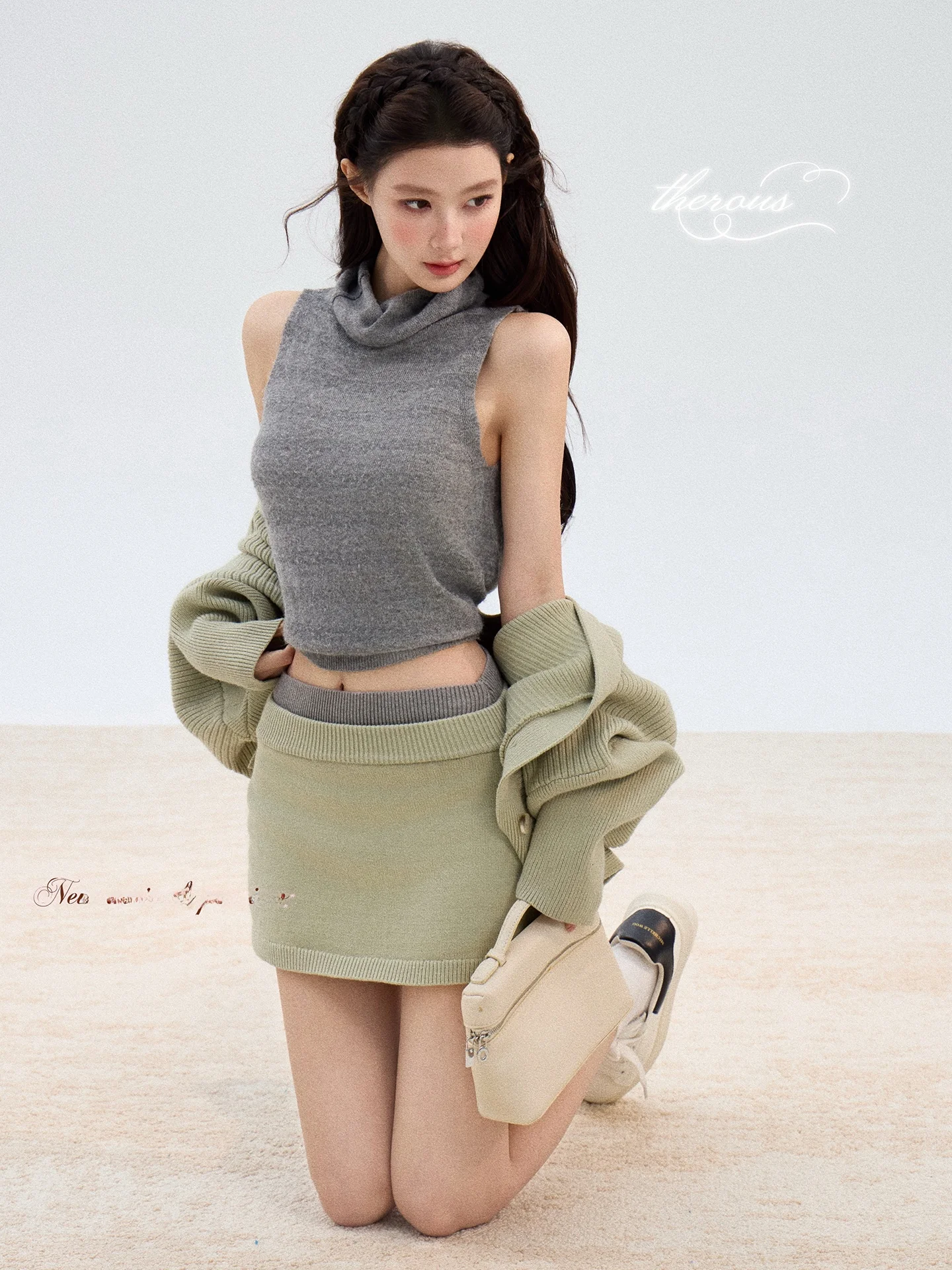 

Вязаный свитер Exue Batwing Sve и облегающая юбка с цветными вставками и поясом для женщин, весенний комплект