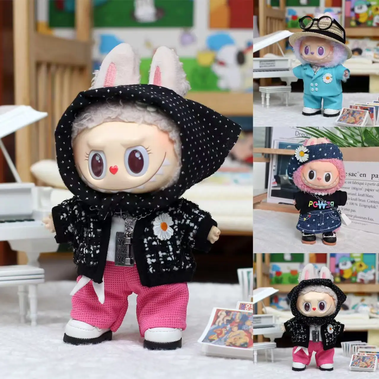

Clothes For Labubu 17cm Outfit Accessories for The Monster Korea Kpop Labubu Idol V1 V2 V3 Clothing GD K-Pop Cool Suit Straw Hat
