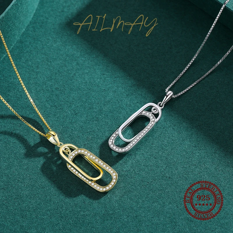 Ailmay 100% 925 Sterling Silver Fashion Rectangle Sparkling CZ Pendant Necklace For Women Statement Jewelry Gift
