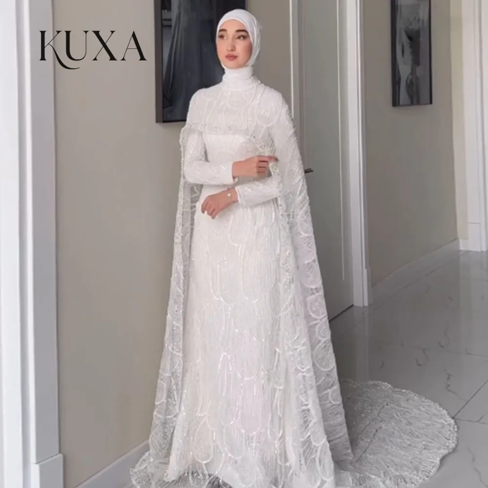 KUXA Maßgeschneiderte luxuriöse muslimische Brautkleider, 2-teiliges Set, Spitze, bodenlang, volle Ärmel, A-Linie, Brautkleider, Robe de Mariée 2026