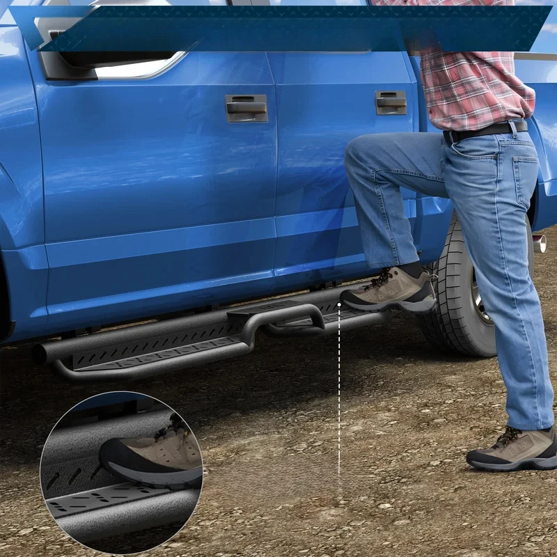 Sturdy Two Raised Powder Coated Black Carbon Steel Side Step Running Boards Off Road Vehicle Parts