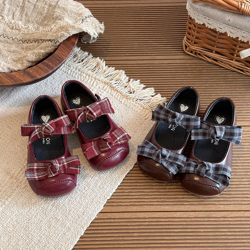 Girls' Spring Autumn New Princess PU Leather Shoes Fashionable Soft Soles Non-slip Bow Square Buckle Shoes Loafer
