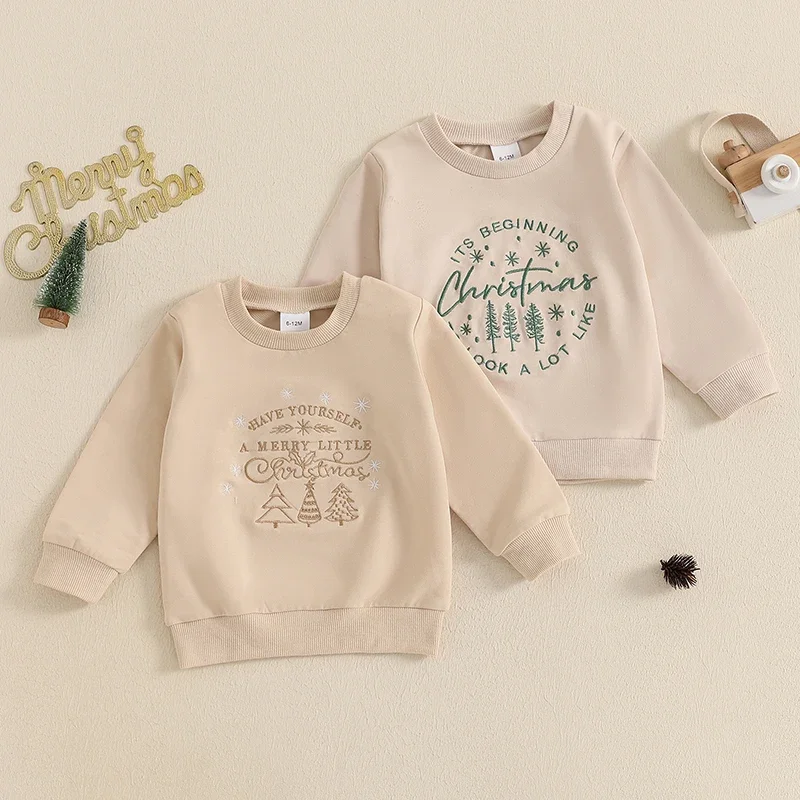 

Toddler Kids Boys Girls Christmas Sweatshirts Clothes Letter Tree Embroidery Long Sleeve Pullover Loose Tops Xmas Costume