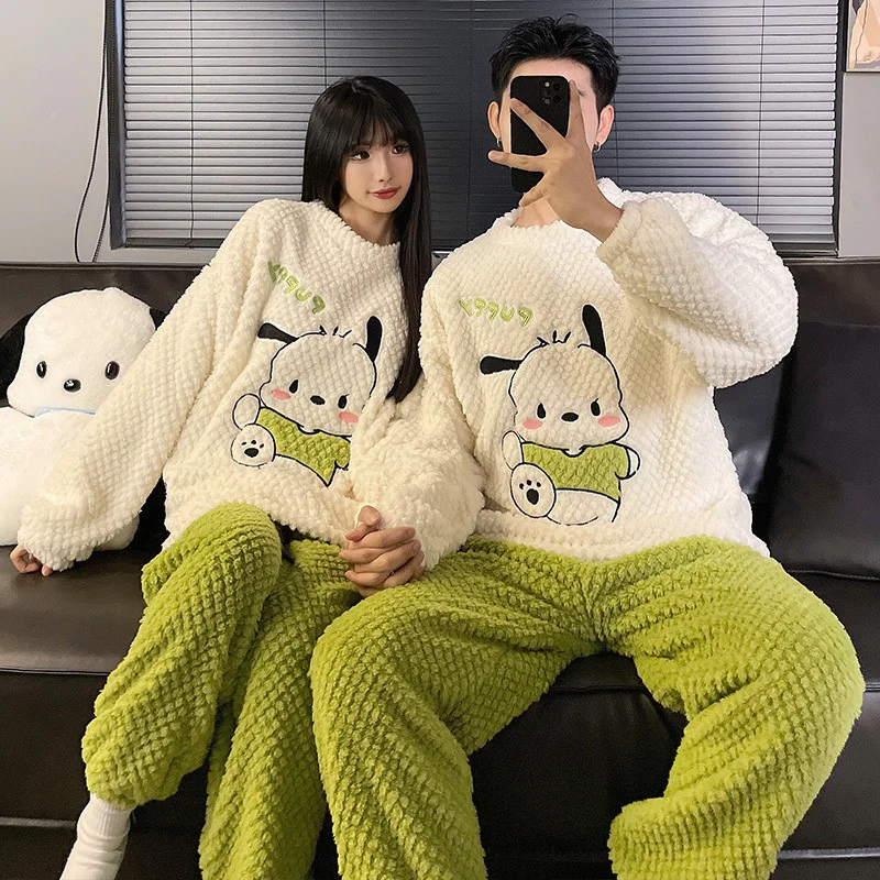 Sanrio Pacha Dog Winter New Couple Pajamas Women\'s Cartoon Warm Coral Fleece Cute Cartoon Men\'s Flannel Homewear Suit