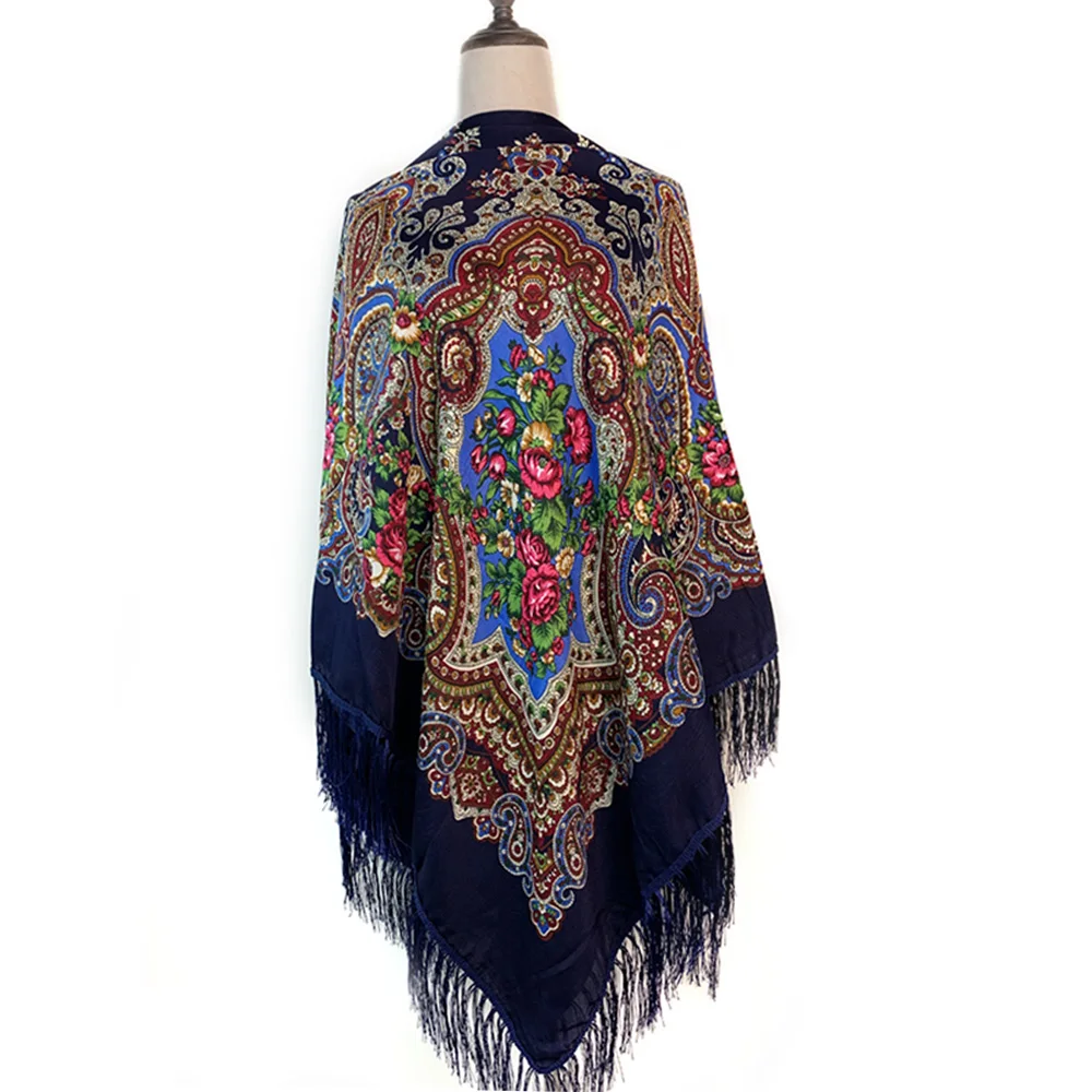 160*160cm Russian Style Luxury Floral Print Square Scarf Women Traditional Fringed UKrainian Shawl Babushka Bandana Head Wraps