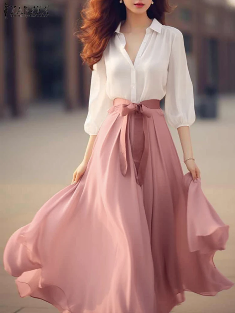ZANZEA Holiday Office Chiffon Dress Women Colorblock Maxi Dresses Vintage V-neck Vestidos 2025 Summer Belted Waisted Swing Robe