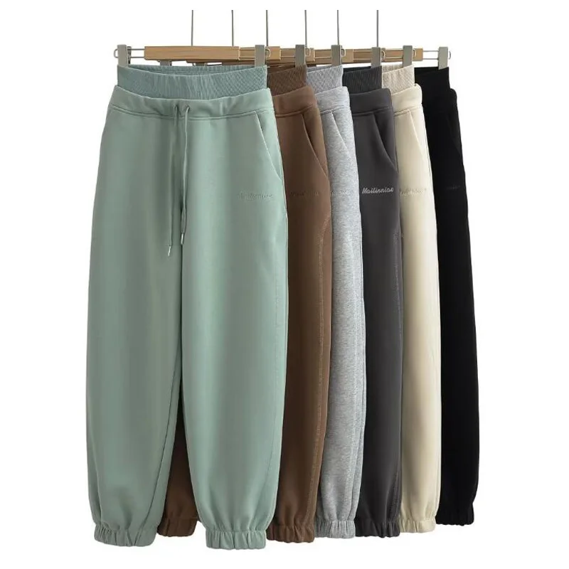 Calça reta de cintura elástica feminina, solta, feminina até o tornozelo, monocromática, casual, bordado, moda