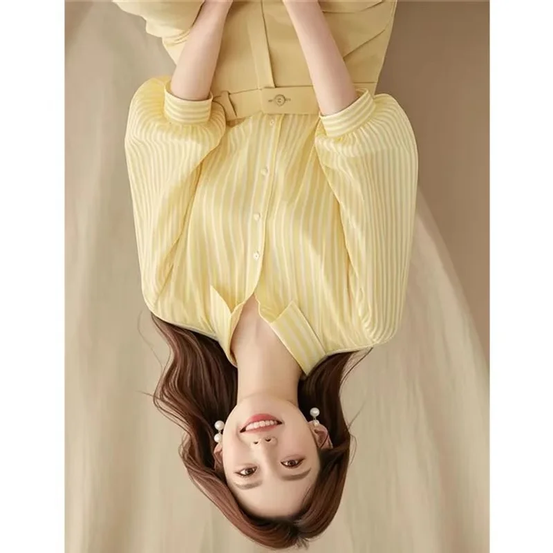 

Женская повседневная рубашка с полосками, свободного кроя, весна-лето 2025, модная блузка с рукавами до локтя