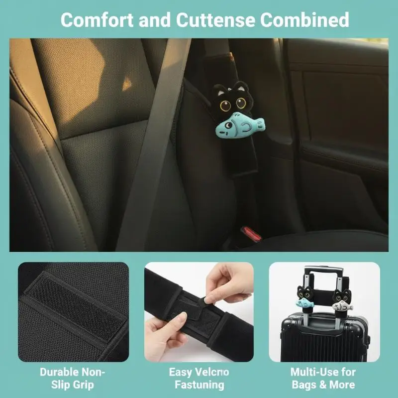 Car Seat Belt Shoulder Protector Pads Soft Plush Black Cat Fish Pattern Anti-Slip for Auto Interior Accessories