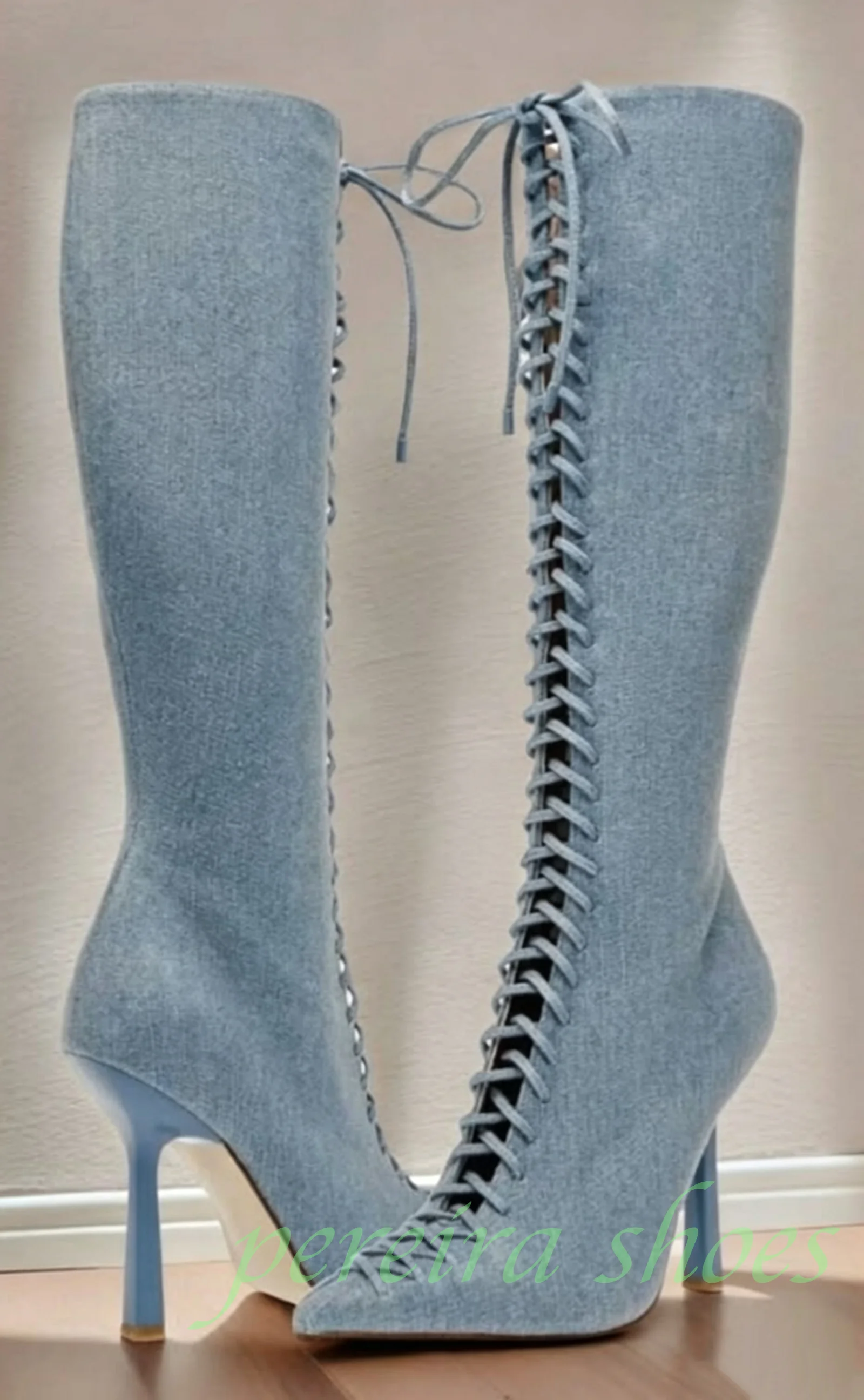 Stiletto Knee High Boots Light Blue Denim Lace-Up Pointed Toe Hollow Out Side Zipper Women Fashion Tall Heeled Boots Footwear 46