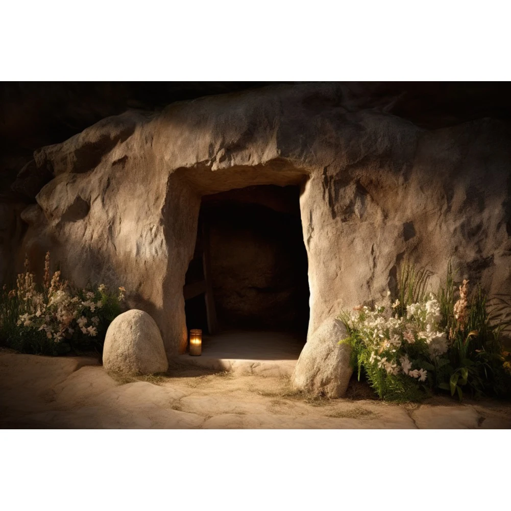 Laeacco Mysterious Ancient Cave Entrance Photography Backdrop Stone Room Flowers Easter Party Kids Adults Portrait Background