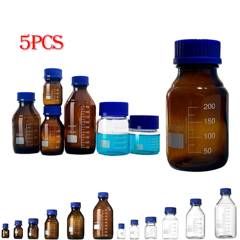 5Pcs 25-1000ml Brown/Clear Graduated Round Glass Media Storage Bottles with Blue GL45 Screw Caps for Lab Water Reagent Liquids