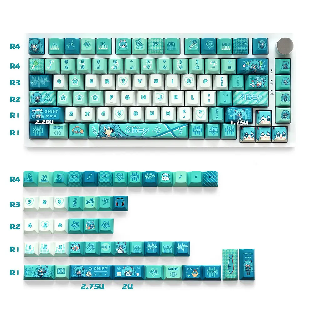 

Kawaii Anime Hatsune Miku Keycaps 129 Key PBT Sublimation Theme Height Complete Set Mechanical Keyboard Accessories