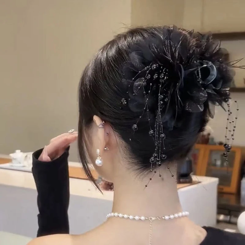 

1 шт., элегантная сетчатая заколка для волос с цветком для женщин, элегантная заколка в виде акулы с жемчужной кисточкой, модная заколка для хвоста для девочек, аксессуары для волос