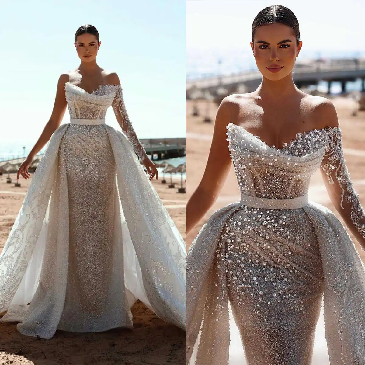 

Luxury Sheath Gown Wedding Dresses Beading Pearls Lace Sweep Train Bridal Gowns Big Size Vestidos De Novia Custom Size Colour