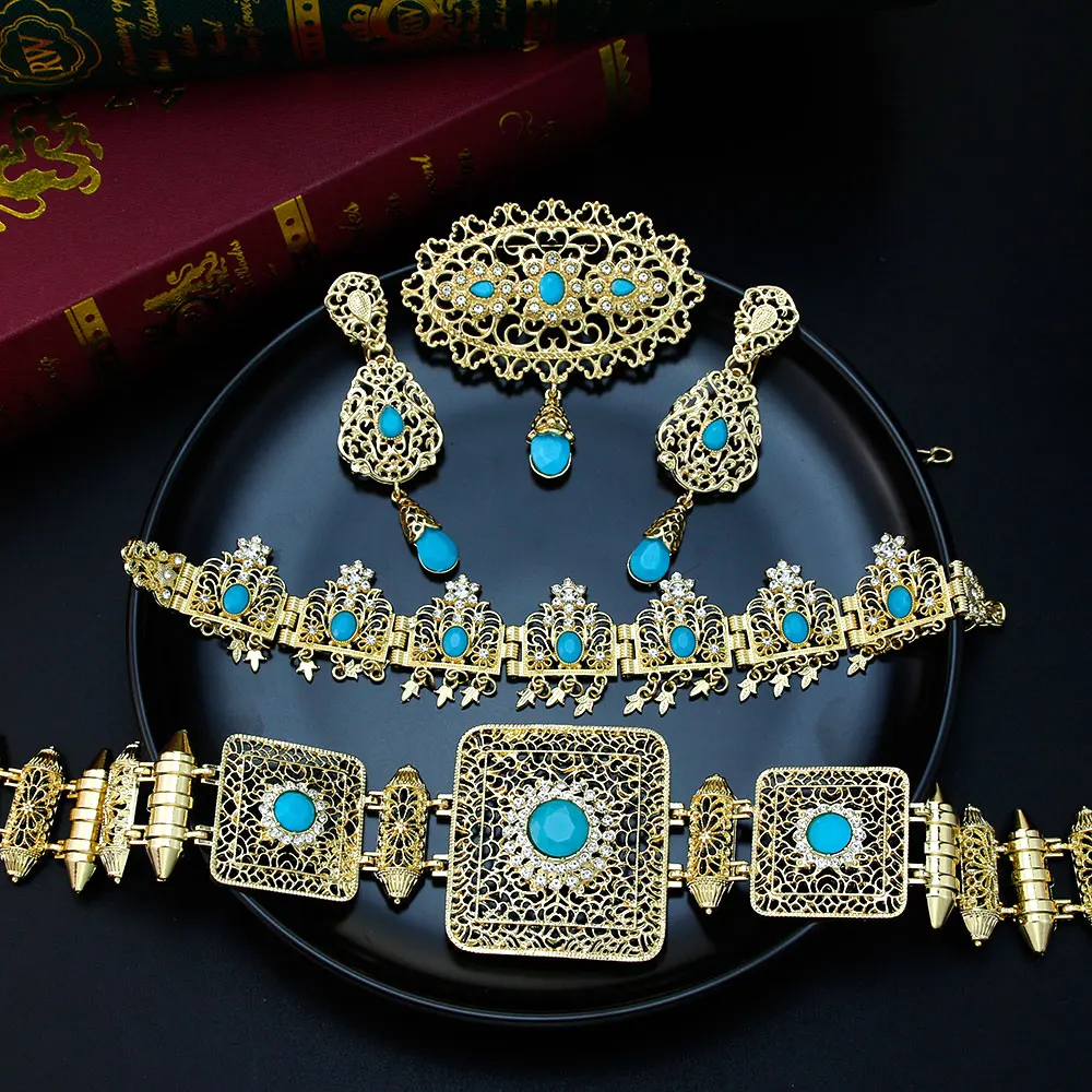 Sunspicems Gold Color Morocco Bride Jewelry Sets Caftan Waist Belt Brooch Long Drop Earring Women Hair Jewelry Forhead Chain Set