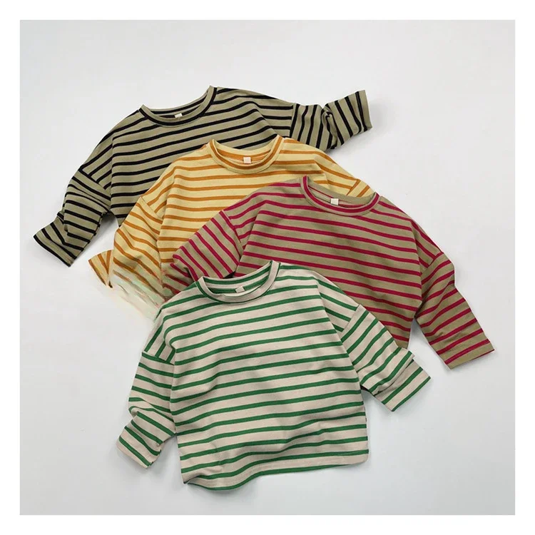 2024 Lazy Stripe Korean Edition Children's Shoulder Down Bottom Shirt