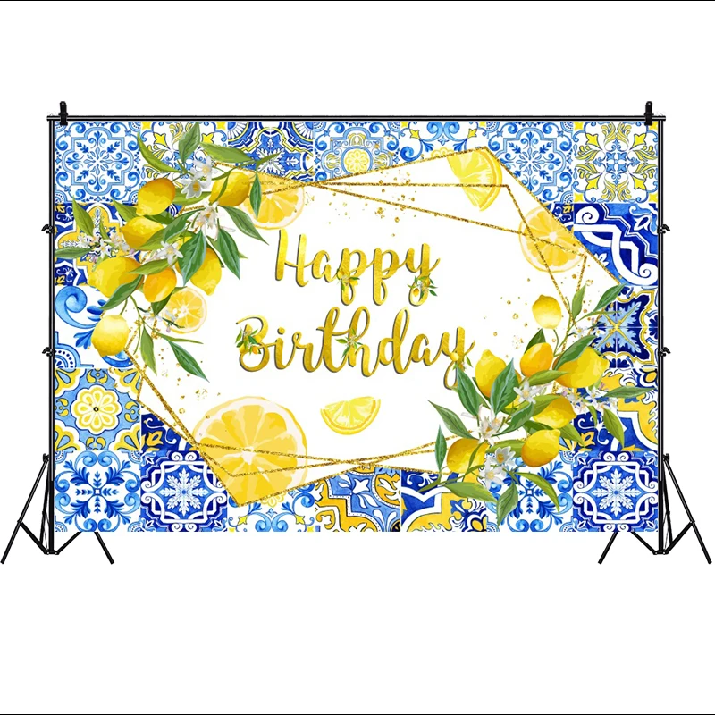 Lemon Theme Backdrop Happy 1st Birthday Party Decorations Lemon Italy Party Circle Background Blue Tile Floral Print Table Decor