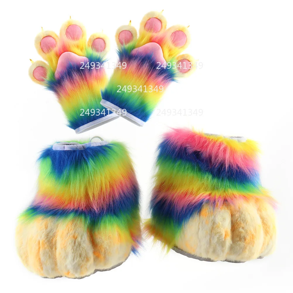Rainbow Furry Fursuit Gloves Shoes Cosplay Costume Accessories Colored Fox Cat Paws Set Man Woman Comic-con Party Dress Up Props