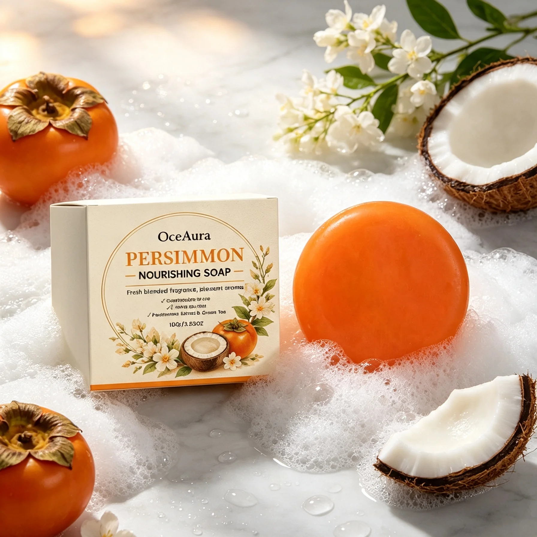OceAura Persimmon Soap Bar for Body Odor Control Professional Skin Cleaning Fresh Lasting Scent Green Tea Persimmon Body Soap