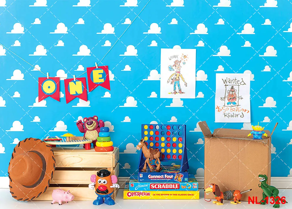 Toy Story Photography Backdrops for Kids Boy Birthday Party Supplies Decor Blue Sky White Clouds Wall Cartoon Photo Background