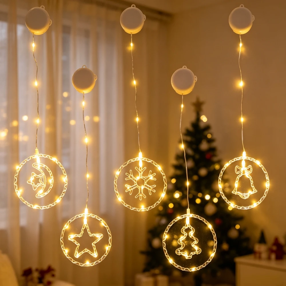1/2PC Battery Powered Suction Cup Christmas Fairy Lights, Transparent Ring Shape Decor for Window Balcony Garden Holiday Party