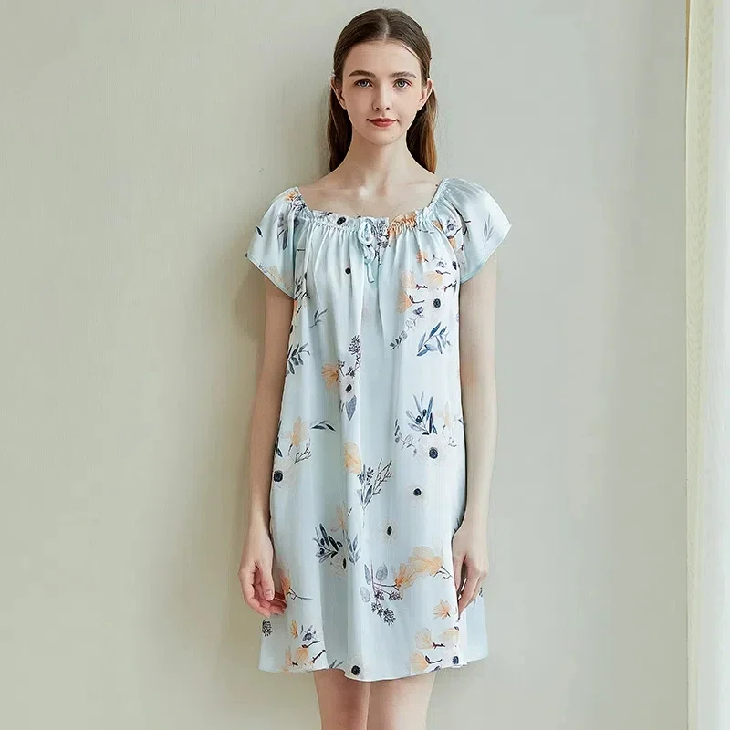 100% Mulberry Silk Nightgown Women Summer Short Sleeve Square Neck Loose Dress Thin Sleep Dress Luxury Loungewear Nightshirts PJ