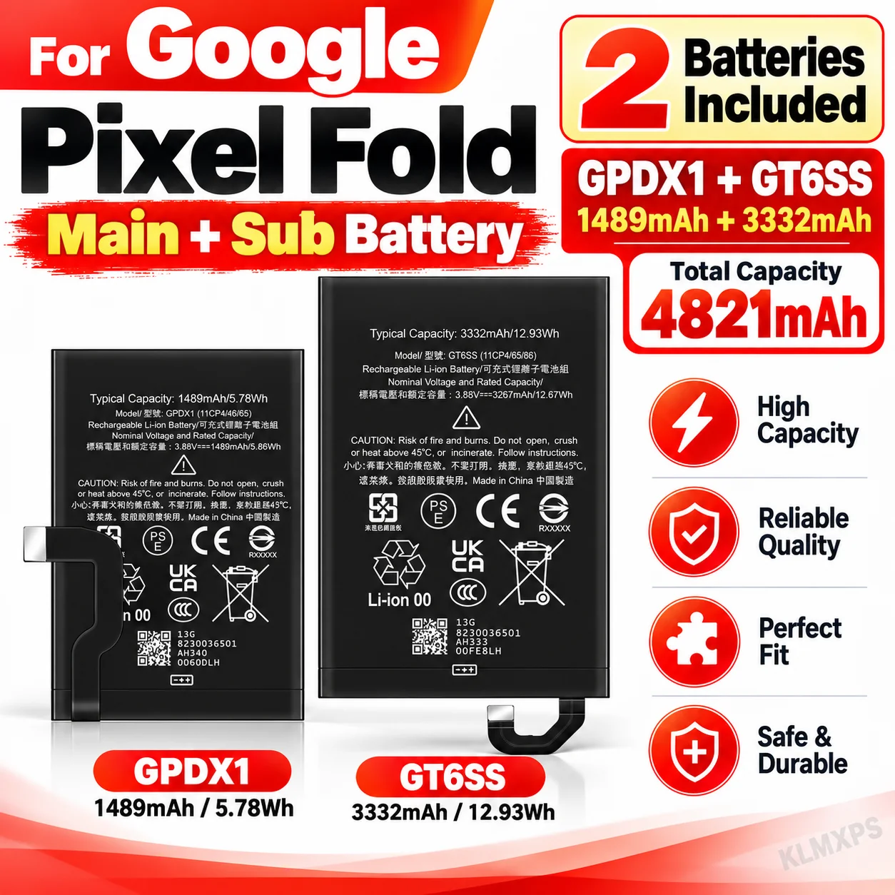For Google Pixel Fold Battery GPDX1 GT6SS 1489mAh 3332mAh Dual Replacement Battery Pack with Repair Tool Kit