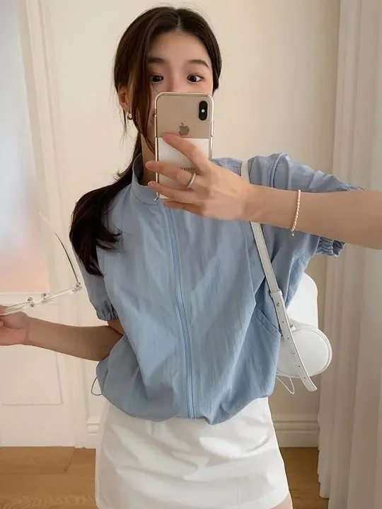 

Summer Faion Zipper Stand Collar ort Sve Women's Cardigan Sun Protection Outerwear Cact Size Anti-Aging Top