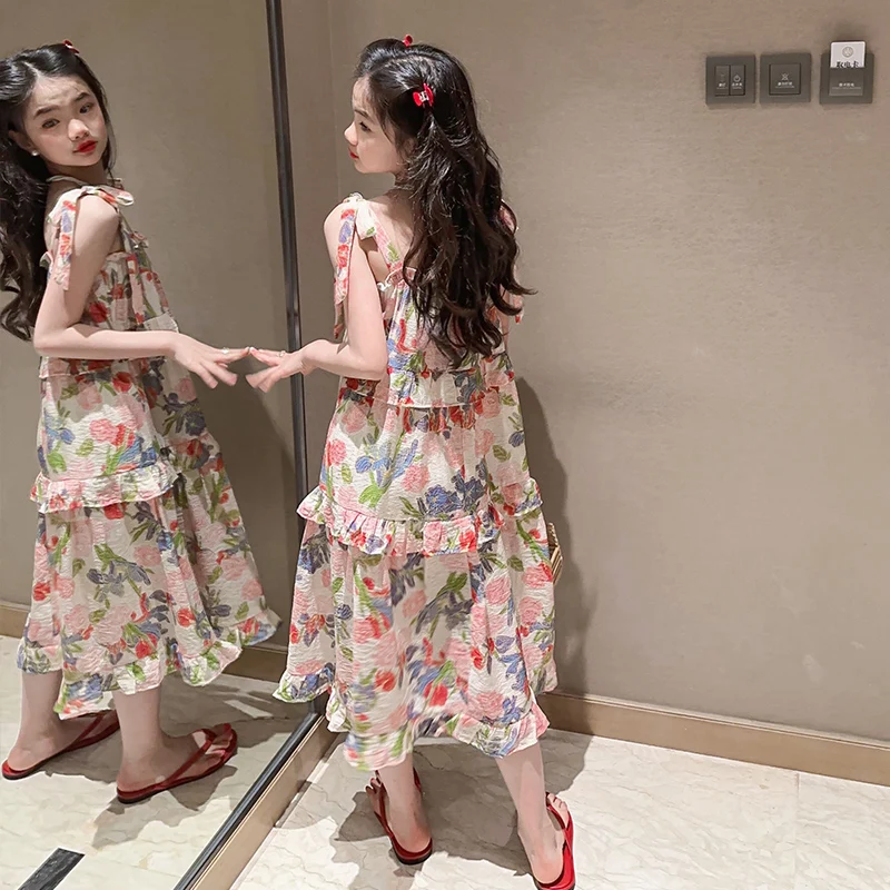 2023 new summer girl floral sling dress adjustable shoulder strap fungus lace beach party girl fairy fluttering long dress