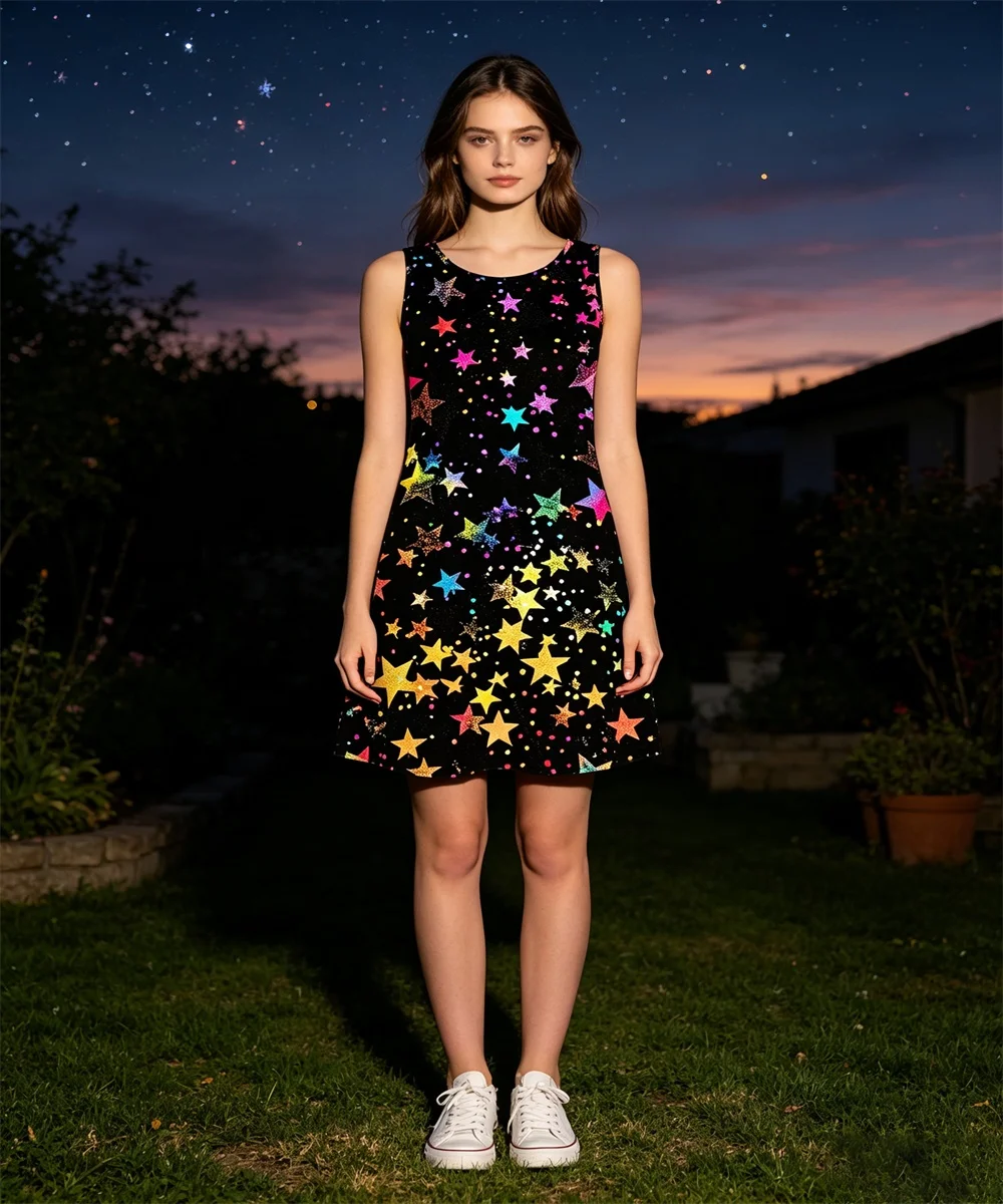 Ladies' summer new gradient deep forest green star printed vest skirt, elegant casual garden collar sleeveless vest skirt