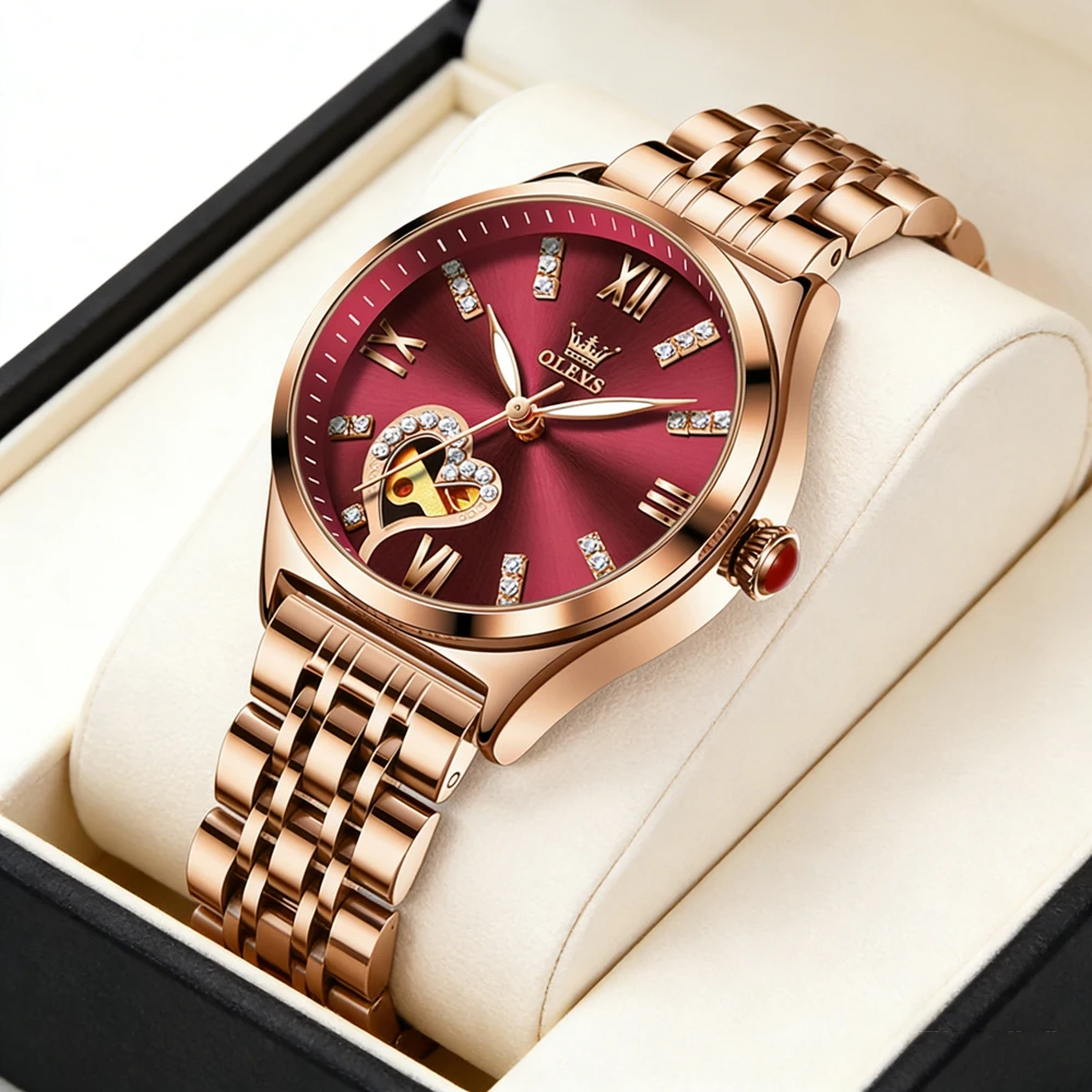 

Новые женские часы OLEVS 2026 года из розового золота, автоматические механические часы класса люкс для женщин, модные часы для женщин (reloj para mujer)