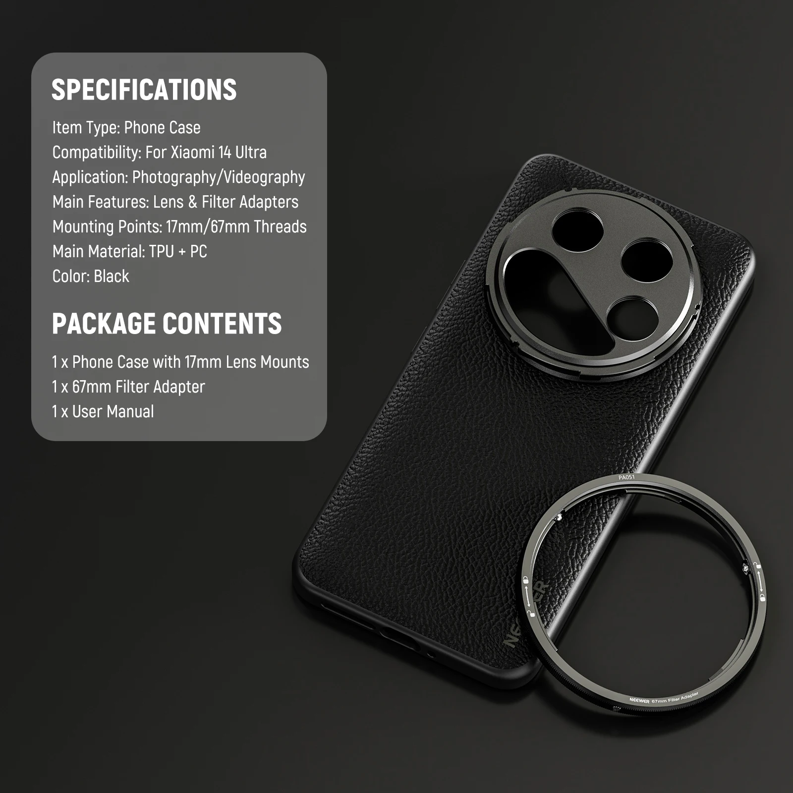 Neewer 14 Ultra Schutzhülle mit kabelloser Aufladung, 17 mm Objektivhalterungen und 67 mm Filteradapter, TPU + PC für Xiaomi 14 Ultra – Detail 7