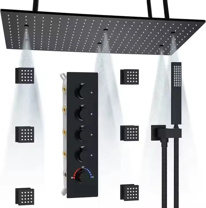 

DULABRAHE Ceiling Shower System 32*16inch Black Thermostatic 4 Functions Luxury Shower System Wall Mounted With 6 Body Jets