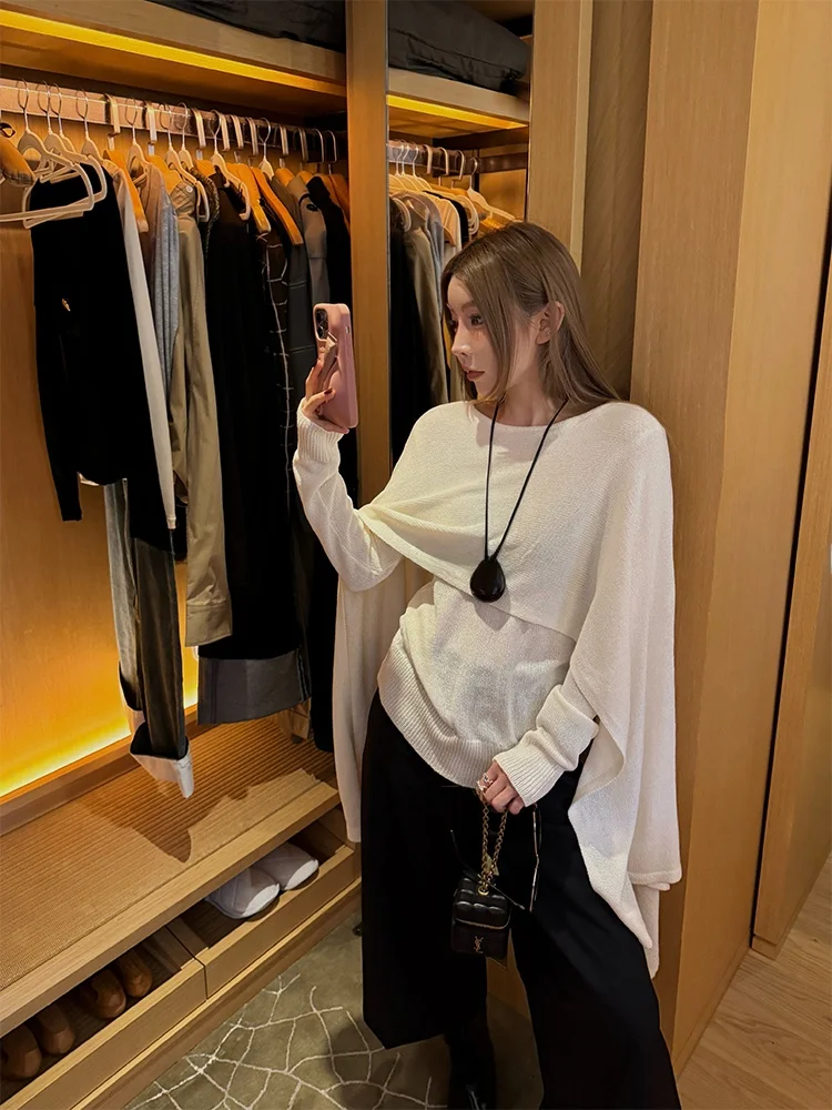 

Свободный женский вязаный свитер с рукавами «летучая мышь», осенне-зимний, облегающий, в стиле «ленивый шик», из полиэфирного волокна, с круглым вырезом