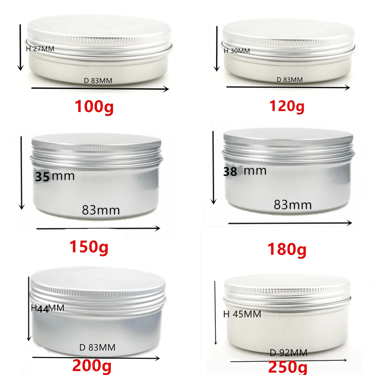 100ml/g 120g/ml 150g 200g /ml 250g/ml Aluminium Tins pot,case containers with screw thread window lid  for Lip Balm Gloss Candle