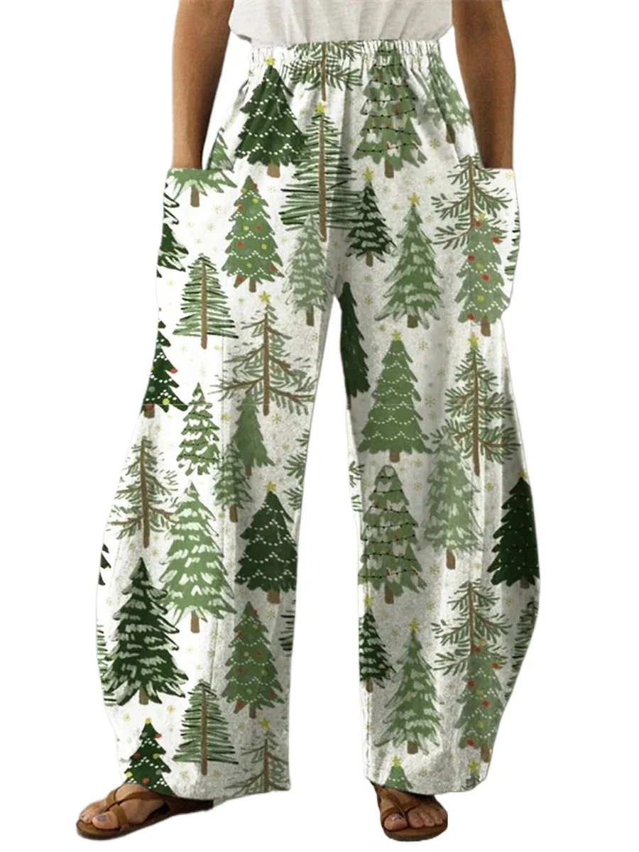 New Cute Christmas Tree Print Baggy Pants High Waist Elastic Loose Wide Leg Long Trousers Women Casual Streetwear Pockets