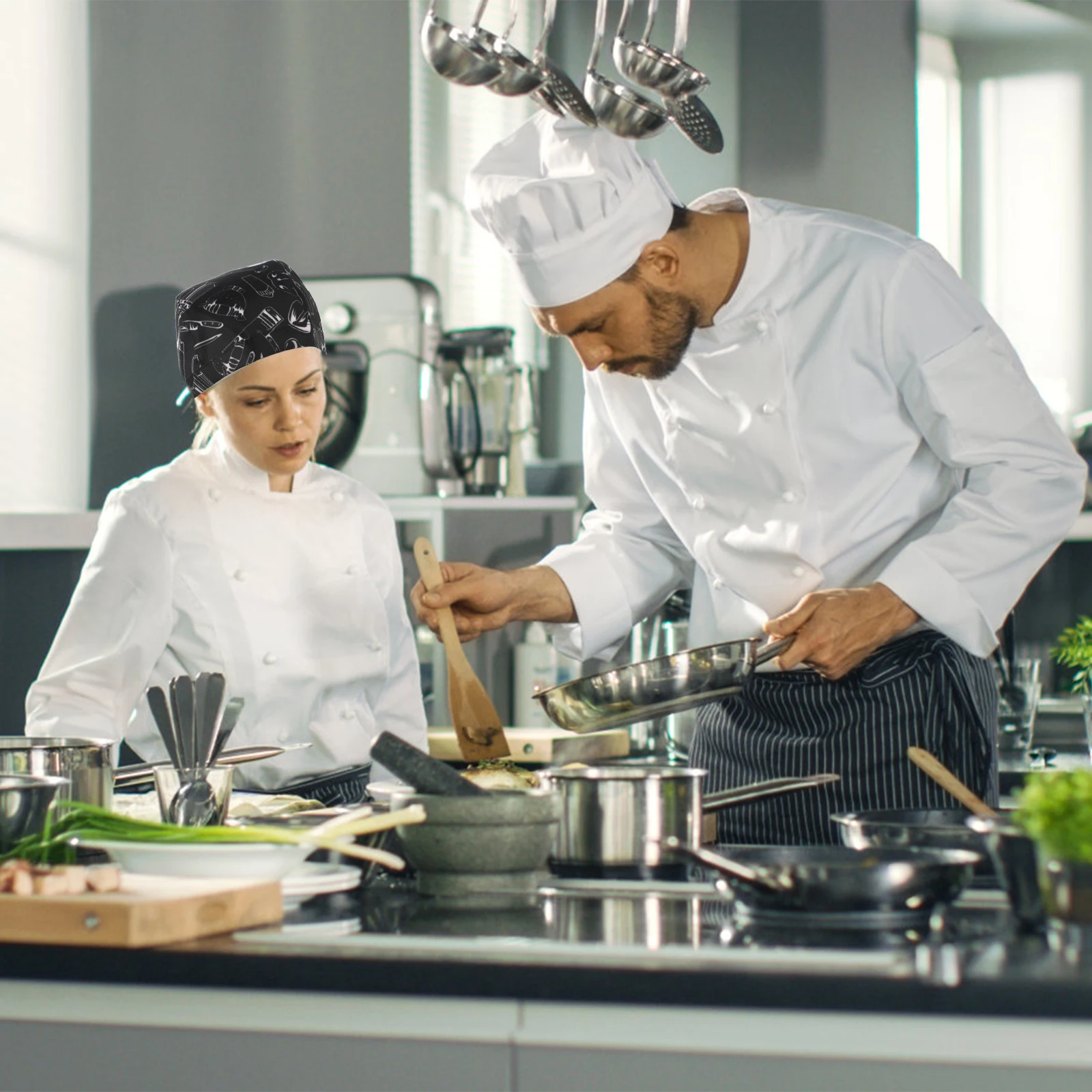 

3 Pcs Chef Hats Black Kitchen Headwear Adjustable Ribbon Turbano Catering Skull Hats for Adults Men Women Work