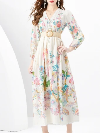 Vintage  Elegant lace mesh v neck Single Breasted Flare Sleeve loose Dress Women  Fashion summer Spring dresses