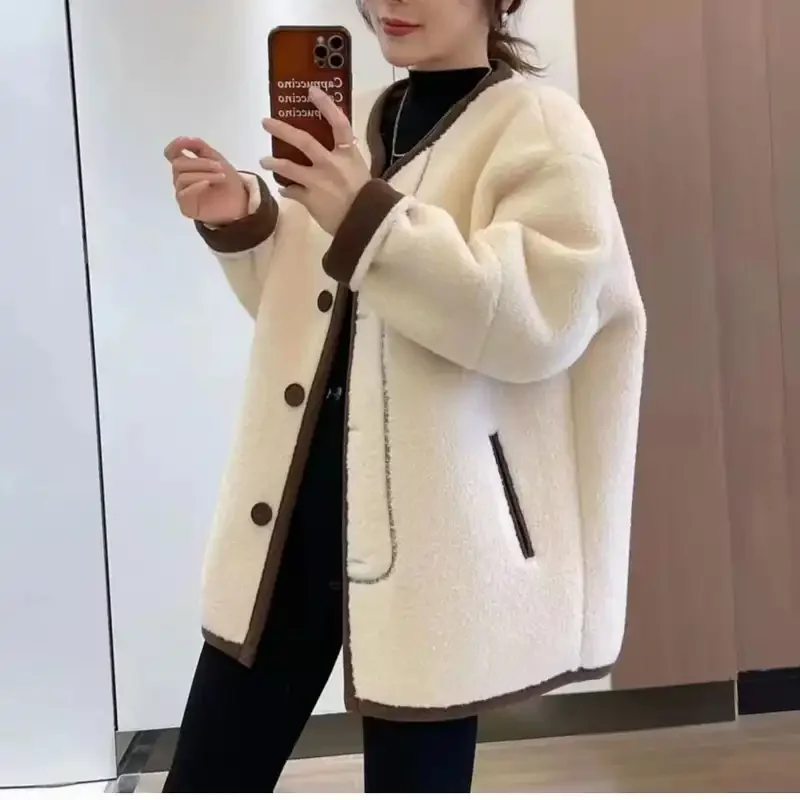 Women's Leather Sheep Fur Patchwork Jacket Korean Loose Thick Lazy Style Winter Coat