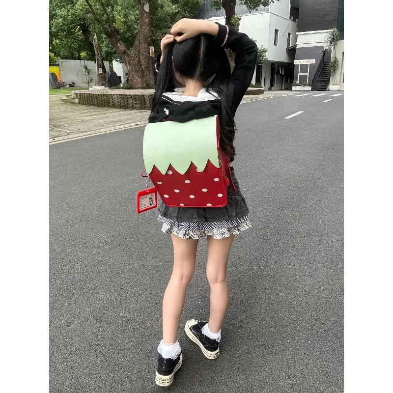 Cute Strawberry Backpack, Japanese Sweet Lolita School Bag for Girls, Kawaii Daily Backpack with Strawberry Pendant & ID Holder