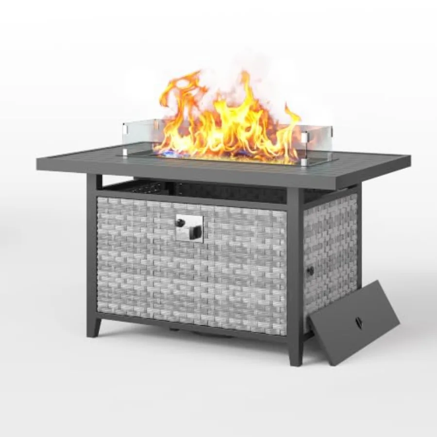 Outdoor propane fire pit table for backyard, deck, garden use; wicker material; black color; 55, 000 BTU output, wind guard, li