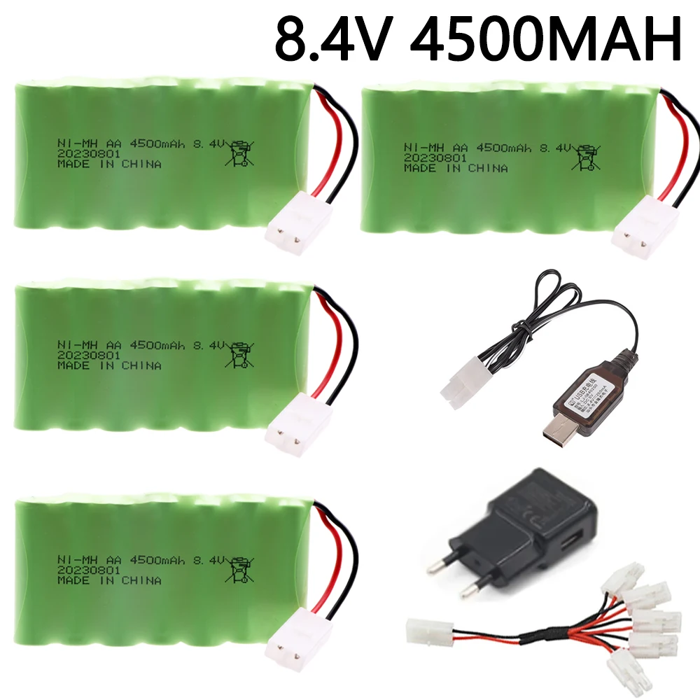 Rc 장난감용 충전기 포함 NiMH AA 충전식 배터리, 레이싱 카, 보트 건, 기차 모델 부품, 8.4V, 3000mAh 배터리, 8.4V, 4500mAh