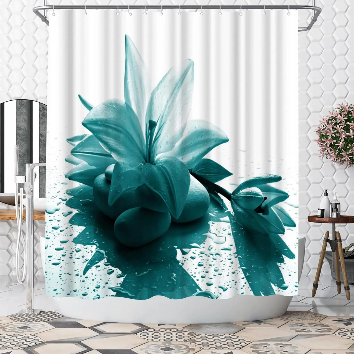 

Blue Green Shower Curtain Lilies Turquoise Bathroom Decoration Polyester Fabric Shower Curtain, 180x180cm bathroom accessories