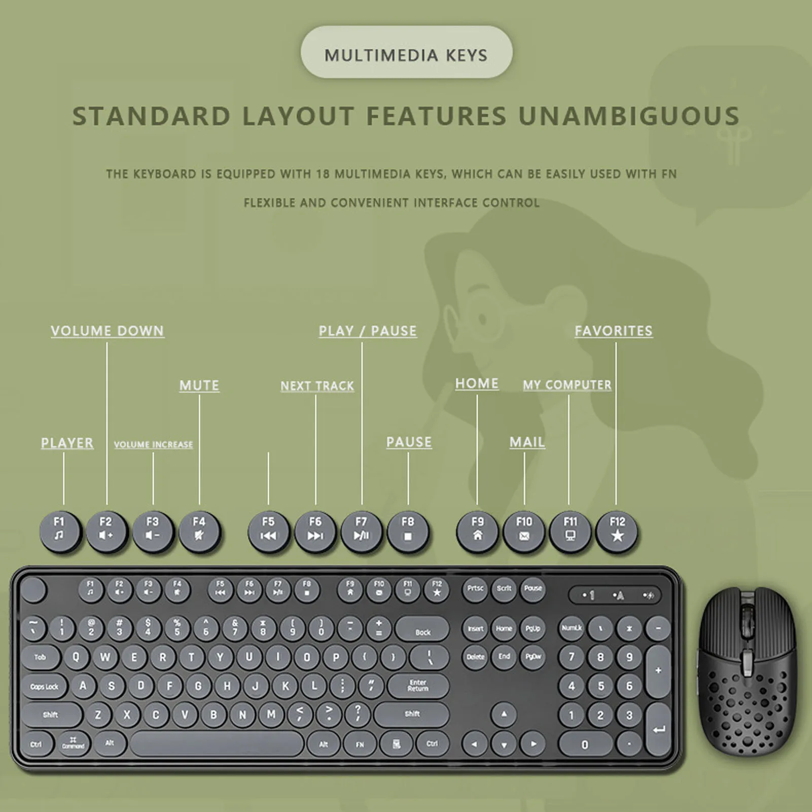 104 Keys 2.4G Wireless Gaming Keyboard Mouse Combo Cute Retro Round Keycap Ergonomic Keyboard With Multimedia Function Keys