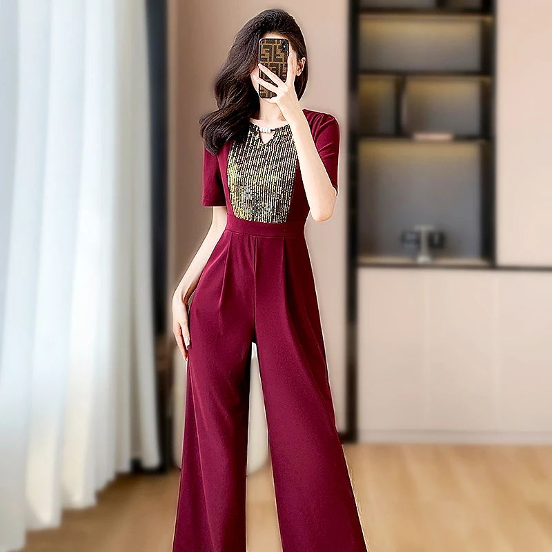 Elegant Summer Spring Women Fashion Sequin Splicing Jumpsuit Playsuits Femmes Elastic Party Ladies Wide-leg Jumpsuit SL078